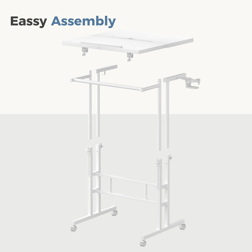 Split Top Rolling Standing Desk, 23.6 Inch Mobile Laptop Computer Desk, Manual Adjustable Height Workstation on Wheels, Sit Stand Office Table, Walking Pad Study Desk, White