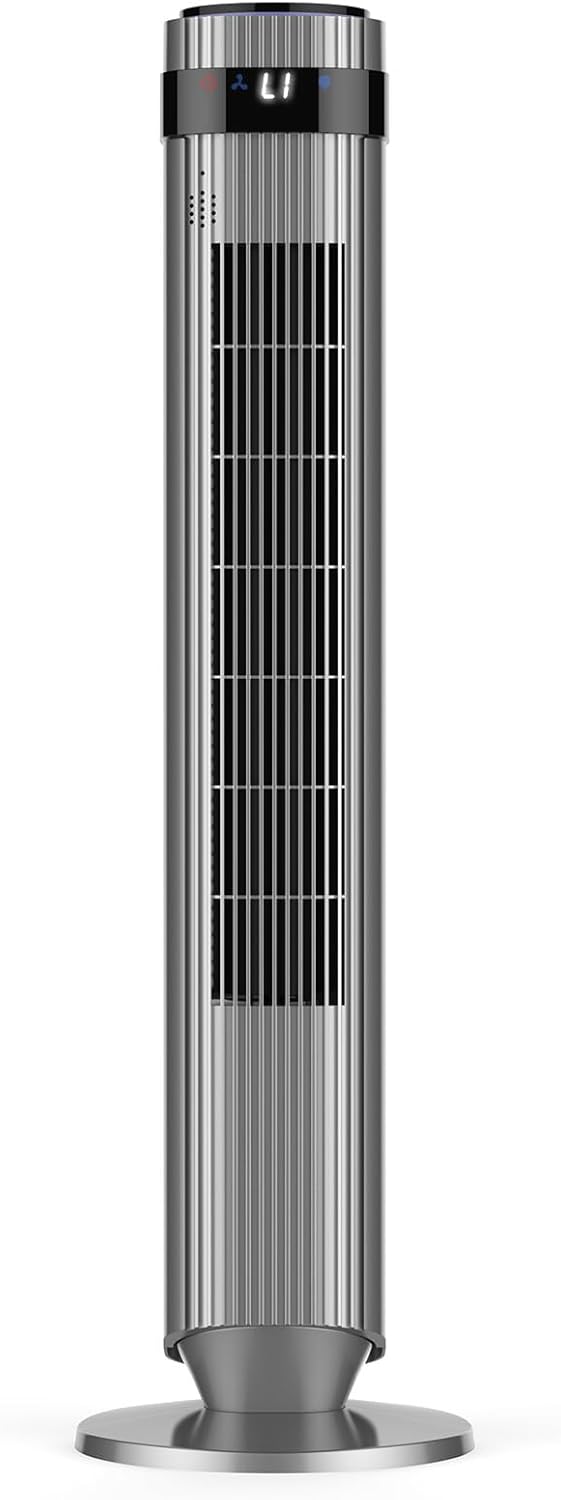 Tower Fan for Bedroom, 28dB Quiet Floor Standing Fan with Remote, 12H Timer, 5 Speeds, 4 Modes, LED Display, Portable Bladeless Oscillating Cooling Fan for Indoor, Home, Office - Silver