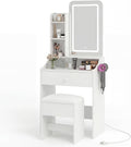 Makeup Vanity Desk, Vanity Table Set with Mirror and Lights, Small Vanity with Storage Bench, Charging Station and Hair Dryer Holder, Dressing Table with Drawer and Three Shelves, White