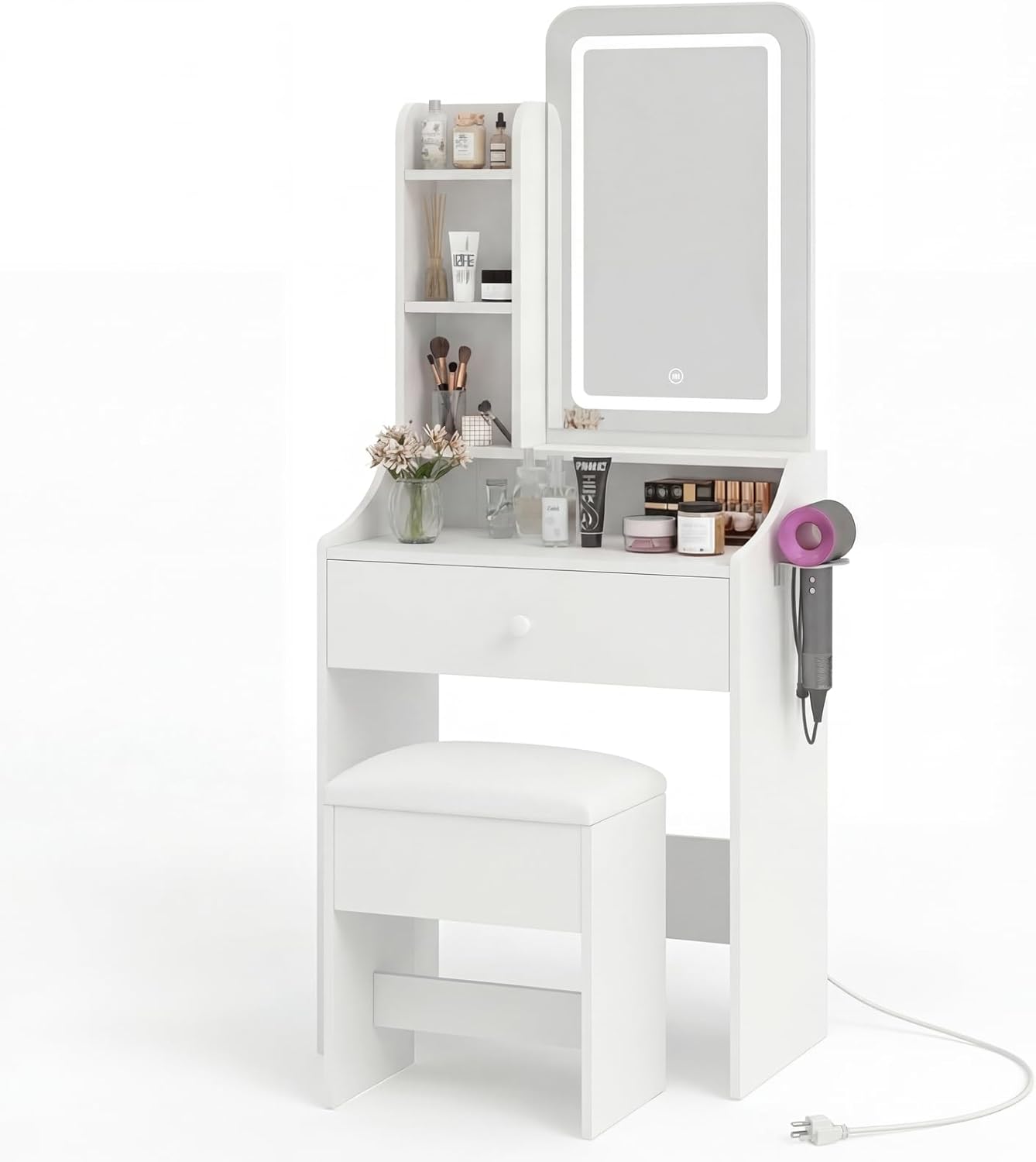 Makeup Vanity Desk, Vanity Table Set with Mirror and Lights, Small Vanity with Storage Bench, Charging Station and Hair Dryer Holder, Dressing Table with Drawer and Three Shelves, White