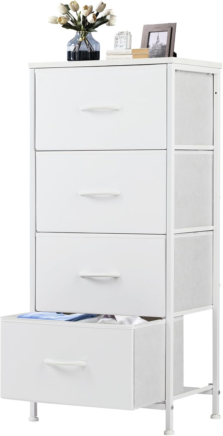 Nightstand with 4 Drawers Bedside Table with Removable Fabric Bins Sturdy Steel Frame Wood Top Organizer Furniture for Bedroom Closet Living Room
