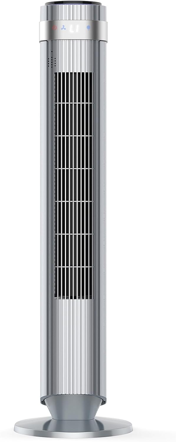 Tower Fan for Bedroom, 28dB Quiet Floor Standing Fan with Remote, 12H Timer, 5 Speeds, 4 Modes, LED Display, Portable Bladeless Oscillating Cooling Fan for Indoor, Home, Office - Silver
