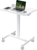 Small Standing Desk with Locking Wheels, Mobile Portable Rolling Laptop PC Table, Adjustable Height Computer Workstation for Home Office, 19 Inch, White
