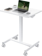 Small Standing Desk with Locking Wheels, Mobile Portable Rolling Laptop PC Table, Adjustable Height Computer Workstation for Home Office, 19 Inch, White