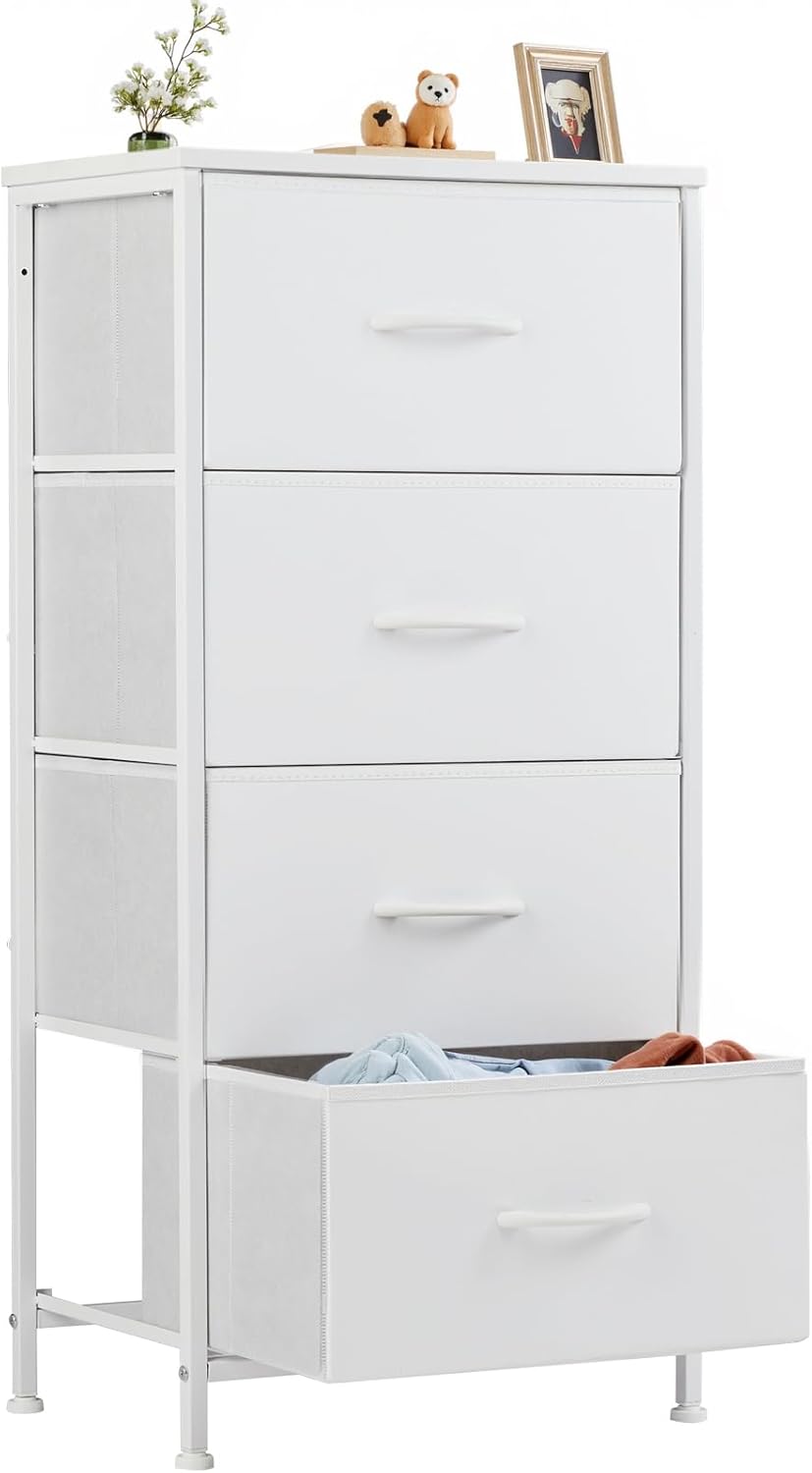4 Fabric Drawer Small Dresser, Bedside Nightstand with Wooden Top Sturdy Frame, Entryway Closet Bedroom Storage Cabinet Furniture for Dorm,White