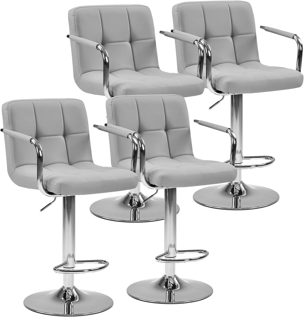Bar Stools Set of 4, Adjustable Swivel Bar Chairs with Padded Armrests and Ergonomic Backrest for Kitchen Island Counter Pub Dining Room, Water-Resistant PU Leather, White