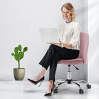 Armless Vanity Chair, Cute Comfy Home Office Desk Chair with Wheels, Modern Upholstered Task Computer Seat for Bedroom, Study, Makeup Vanity, Height Adjustable & Swivel Fit, Dusty Pink