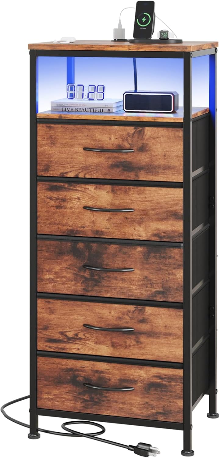 Nightstands Set of 2 with Charging Station, Bedside Table with USB Ports & Type-C, 2 Fabric Drawers Night Stand with Open Shelf, Compact End Table for Bedroom, White