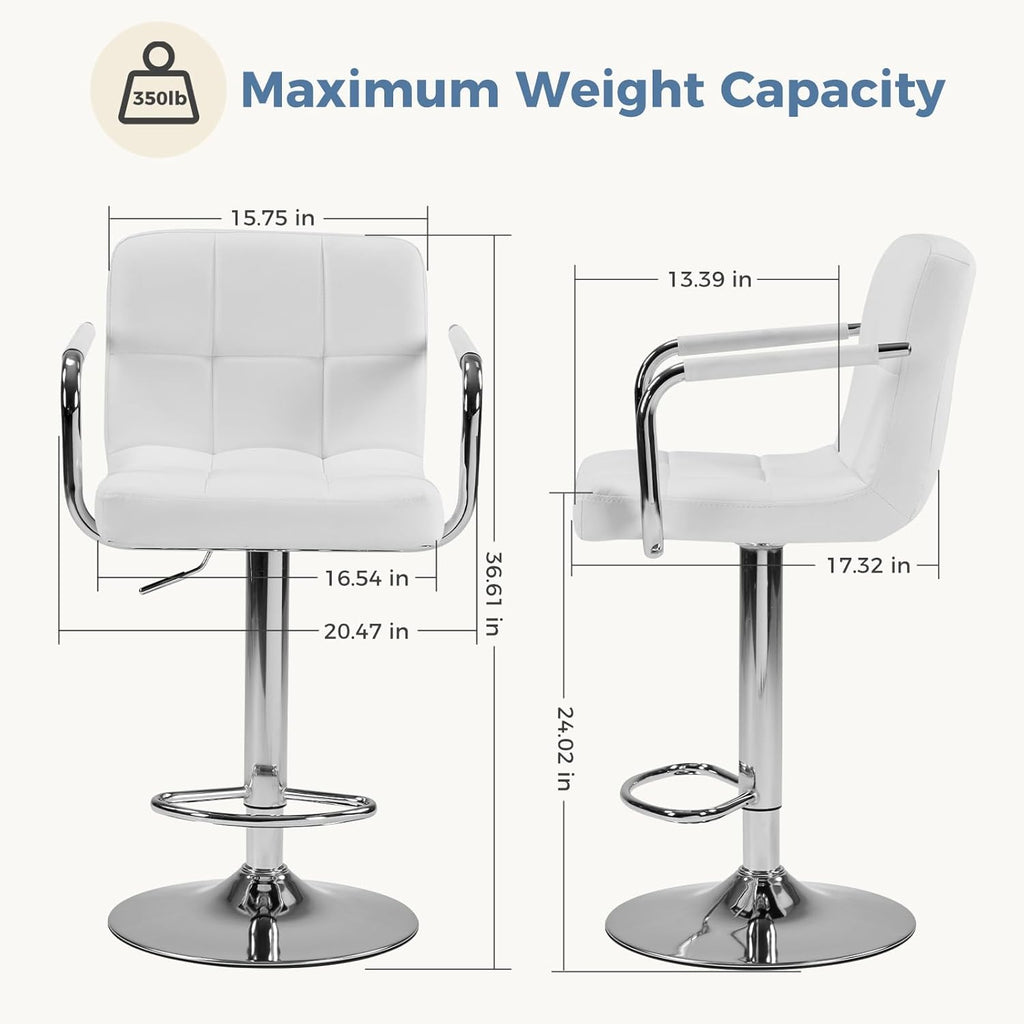 Bar Stools Set of 4, Adjustable Swivel Bar Chairs with Padded Armrests and Ergonomic Backrest for Kitchen Island Counter Pub Dining Room, Water-Resistant PU Leather, White