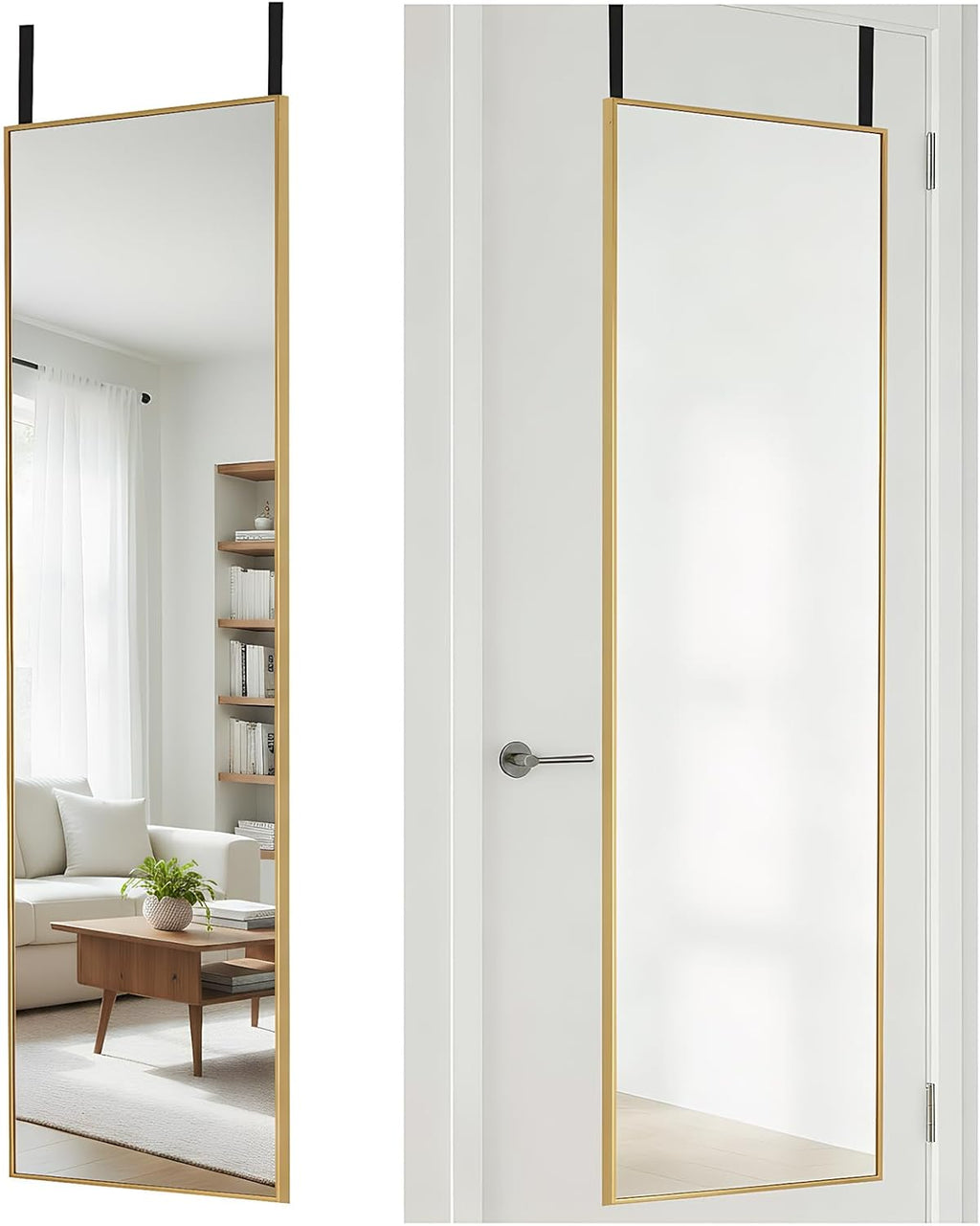 47x14 Full Length Mirror Over The Door, Wall Mounted Full Body Mirror, Door Hanging Metal Aluminum Alloy Frame Dressing Mirror for Bedroom, Living Room, Entryway, Gold
