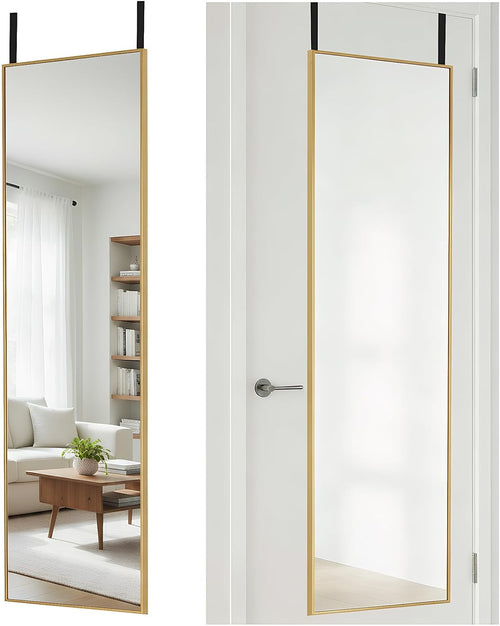 47x14 Full Length Mirror Over The Door, Wall Mounted Full Body Mirror, Door Hanging Metal Aluminum Alloy Frame Dressing Mirror for Bedroom, Living Room, Entryway, Gold