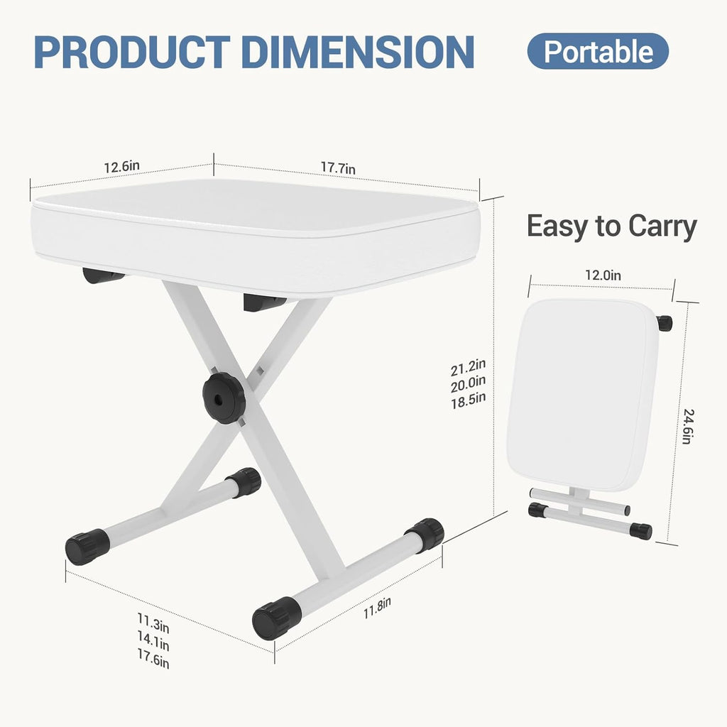 Adjustable Padded Keyboard Bench, X-Style Collapsible Piano Guitar Stool with 2.56 Inch Thickness High-Density Sponge and 3-Position Height, Waterproof Non-Skid Design, White