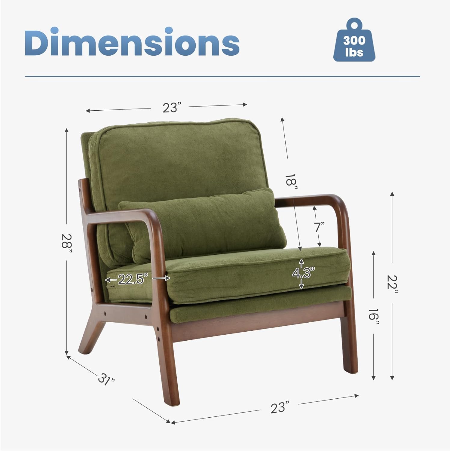 Mid Century Accent Chair, Modern Living Room Chairs with Arms and Waist Cushion, Reading Chairs for Adults, Lounge Chair for Bedroom, Solid Wooden Frame, Classic Green