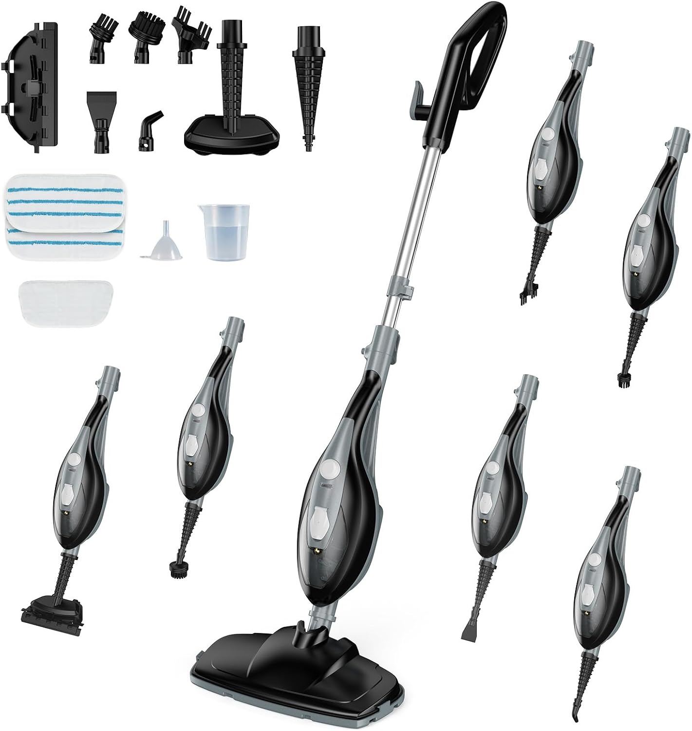 10-in-1 Steam Mop, 1550W Detachable Handheld Steam Cleaner for Floor Cleaning, 16FT Cord, 2 Washable Pads, Multi-Purpose Floor Steamer for Hardwood, Carpet, Tile, Grout, Windows, Black Grey