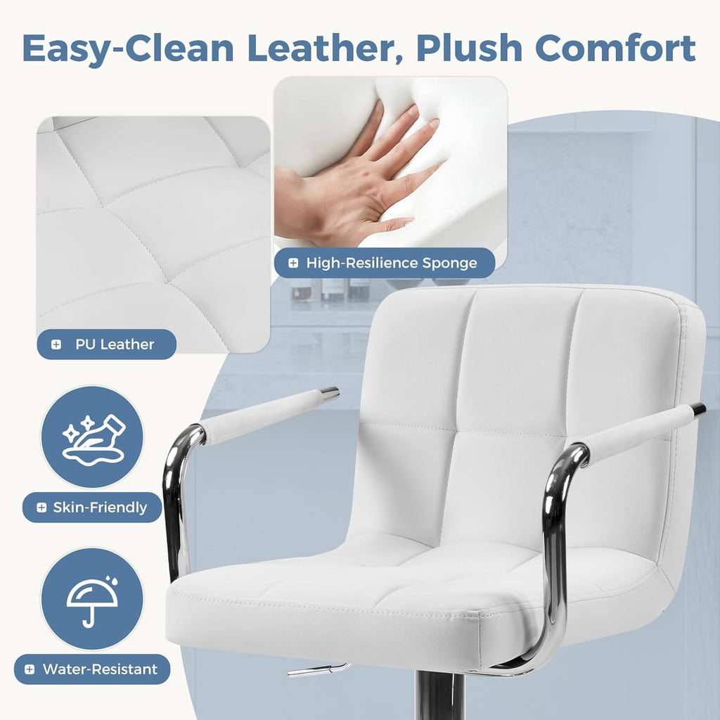 Bar Stools Set of 4, Adjustable Swivel Bar Chairs with Padded Armrests and Ergonomic Backrest for Kitchen Island Counter Pub Dining Room, Water-Resistant PU Leather, White