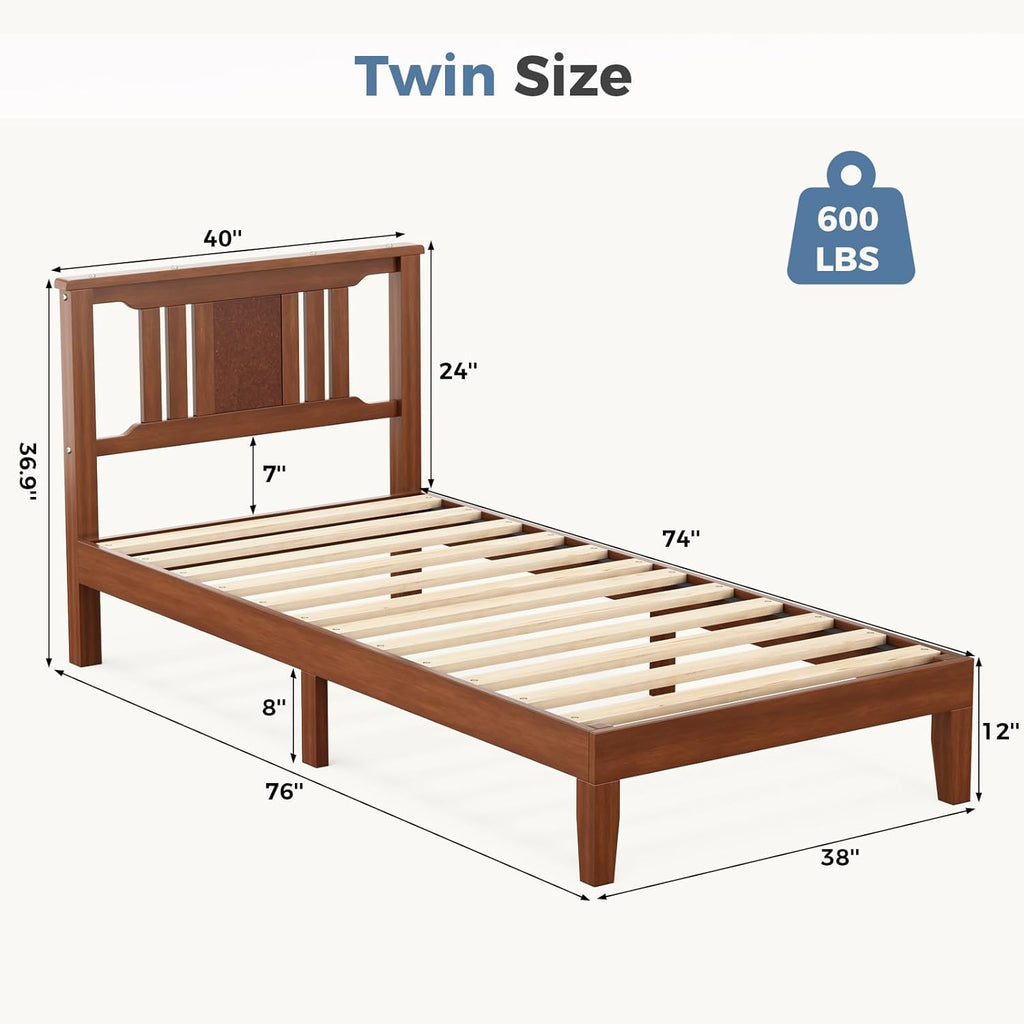 Twin Size Wood Bed Frame with Headboard, Solid Natural Wooden Platform Bed Base, Heavy Duty Slat Support Mattress Foundation, No Box Spring Needed, Low-Profile Design