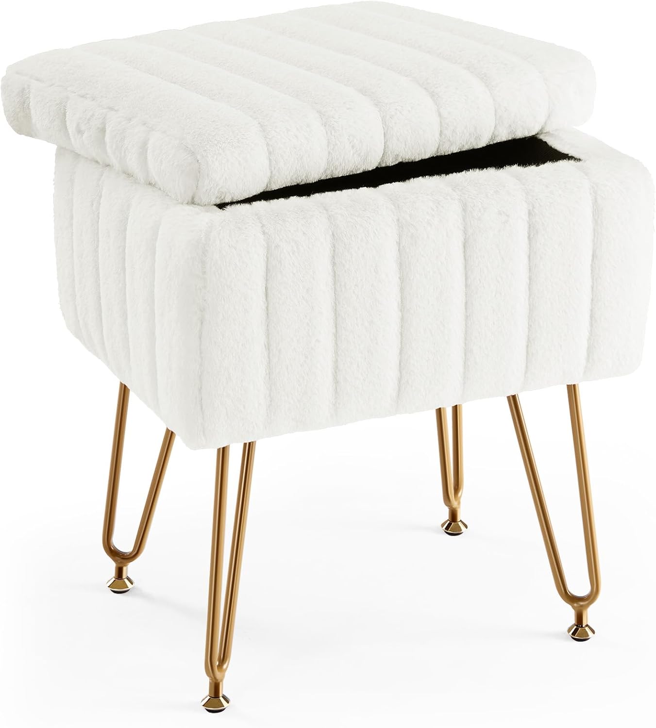 Vanity Stool Chair with Storage, 18.9??H x 16??L x 12.2??W Ottoman Chair Faux Fur Soft Padded Makeup Footstools Seat with 4 Metal Legs Anti-Slip Adjustable Feet for Make Up, Grey