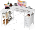 L Shaped Desk with Shelf Drawers 47 Inch, Black Corner Computer Desks Gaming with Power Outlet, Study Table with Adjustable Shelves, Home Office Tables for Bedroom Teacher Reading Writing