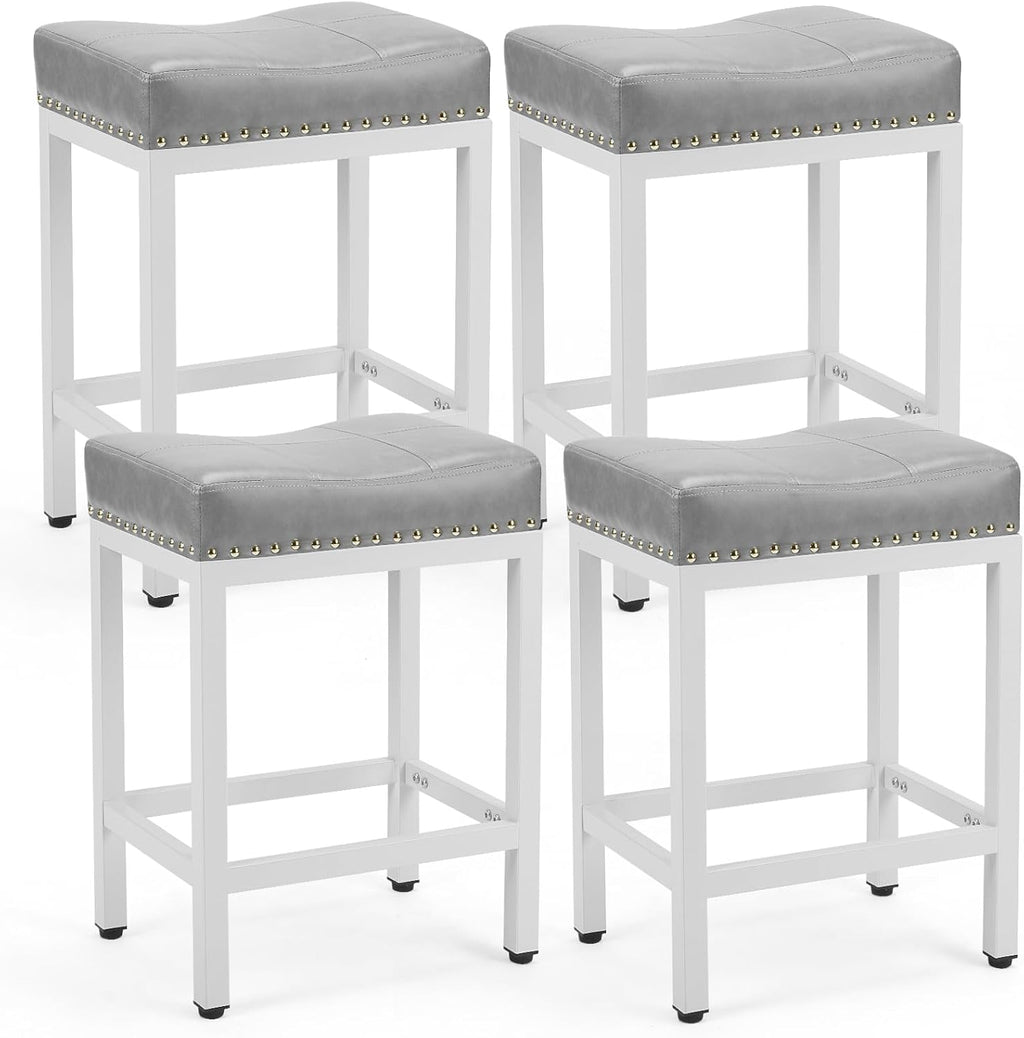 Saddle Bar Stools Set of 4, 24 Inch Counter Height Stools with Curved PU Leather Surface, 3.7 Thick Upholstery Bar Height Stools with Footrest for Kitchen Island, Dining, Cafe, Gray