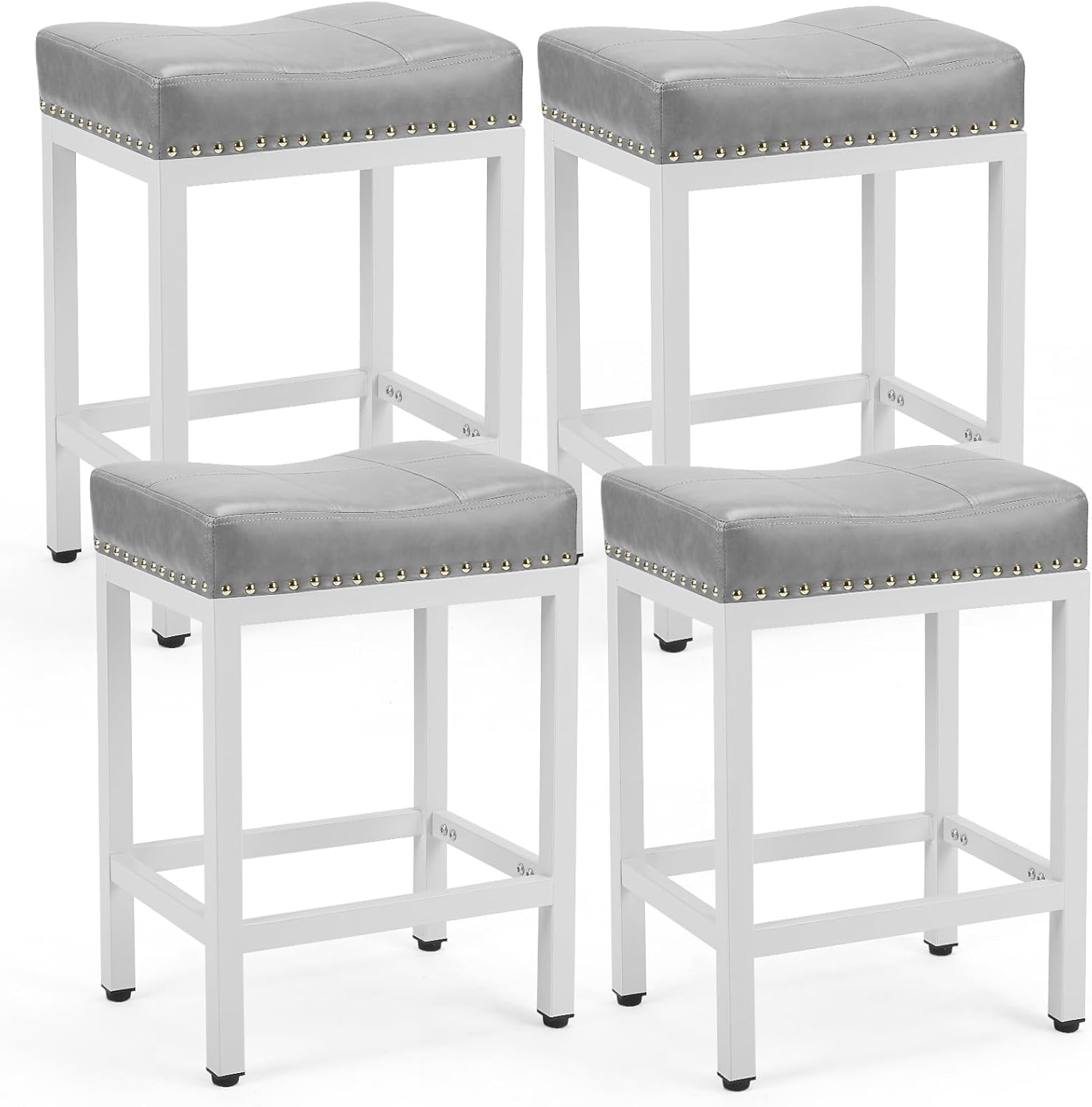 Saddle Bar Stools Set of 4, 24 Inch Counter Height Stools with Curved PU Leather Surface, 3.7 Thick Upholstery Bar Height Stools with Footrest for Kitchen Island, Dining, Cafe, Gray