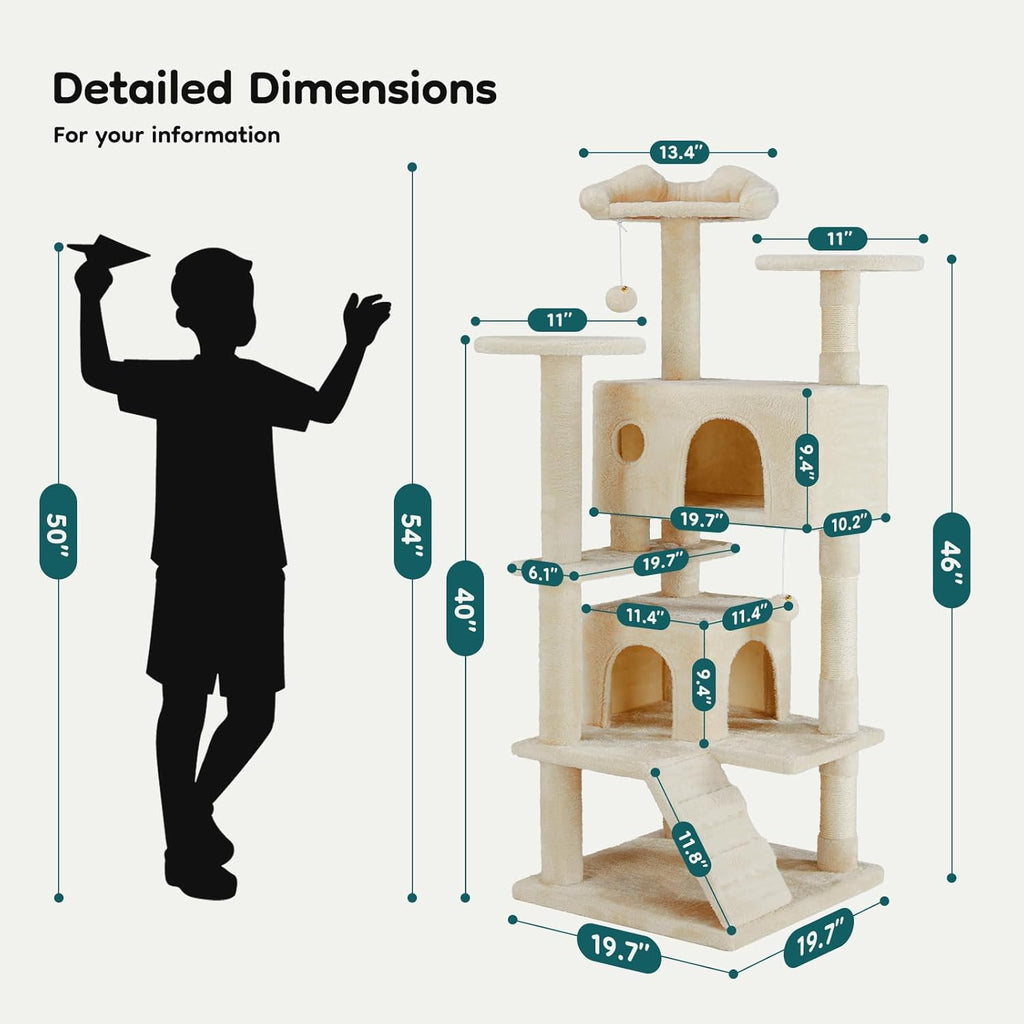 54-inch Indoor Cat Tree Tower ?CMulti-Level Pet House for Large Cats with 2 Condos, Scratching Posts, Round Platform, Small Ladder, and Toys, Beige