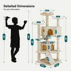 54-inch Indoor Cat Tree Tower ?CMulti-Level Pet House for Large Cats with 2 Condos, Scratching Posts, Round Platform, Small Ladder, and Toys, Beige