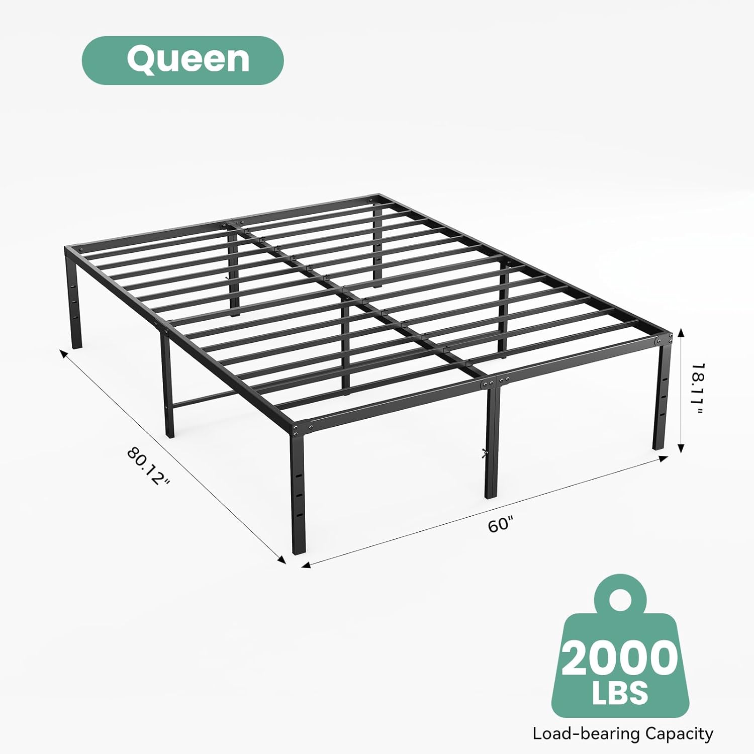 Queen Size 18 Inch Platform Bed Frame, Heavy Duty Metal Foundation Frame, Noise-Free Sturdy Steel Slats, Underbed Storage, No Box Spring Needed, Quick Setup