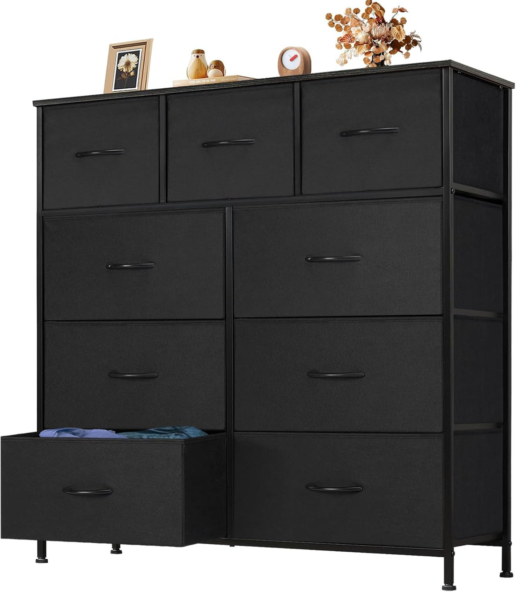 9 Drawer Storage Dresser with Wood Top - Wide Fabric Chest Organizer for Bedroom, Closet, Living Room,Tower Cabinet, TV Stand, Hallway Entryway Furniture,Bright White