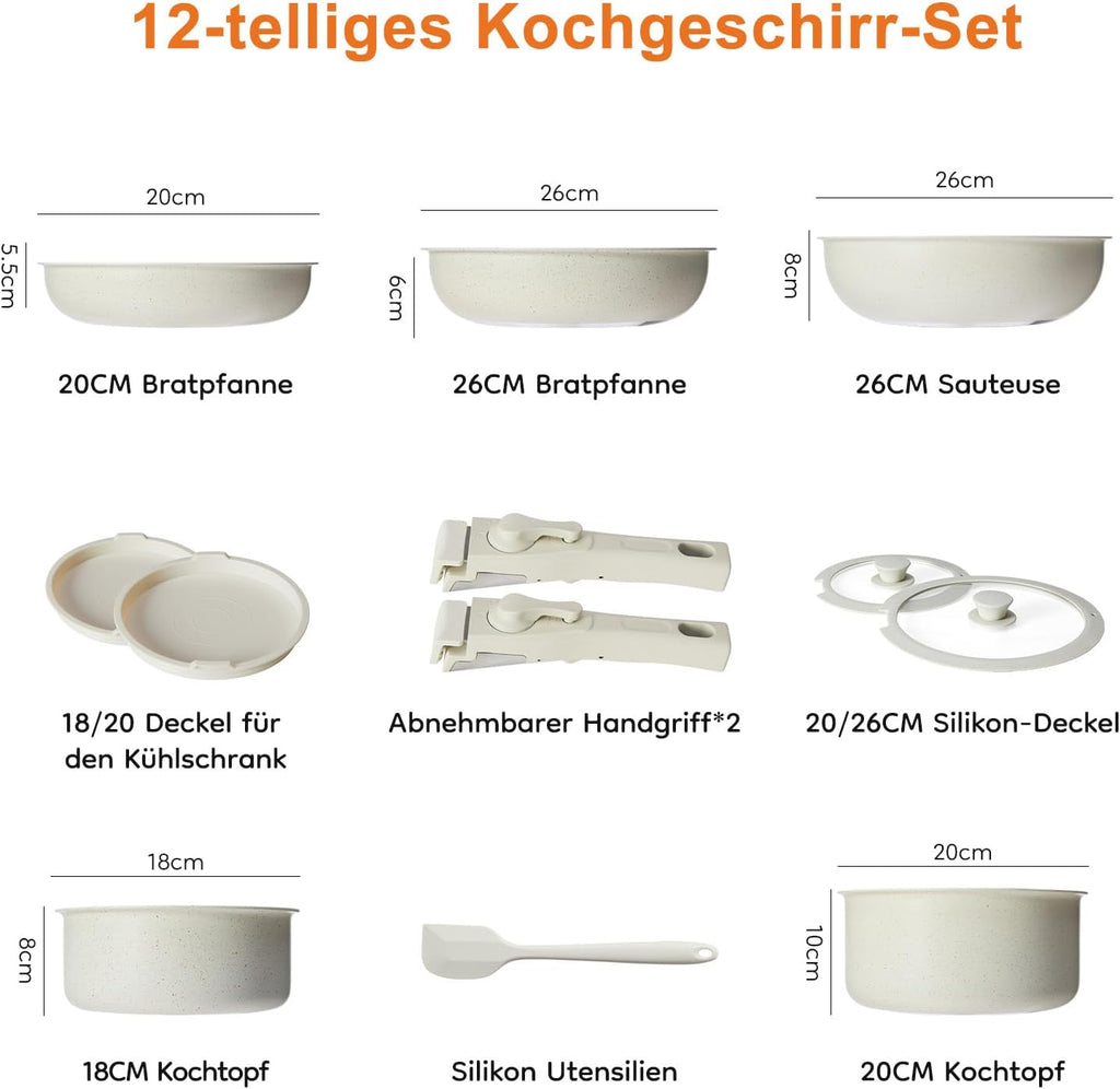 12 Pcs Pots and Pans Set, Nonstick Kitchen Cookware Set, Induction Cooking Sets Detachable Handle, Beige