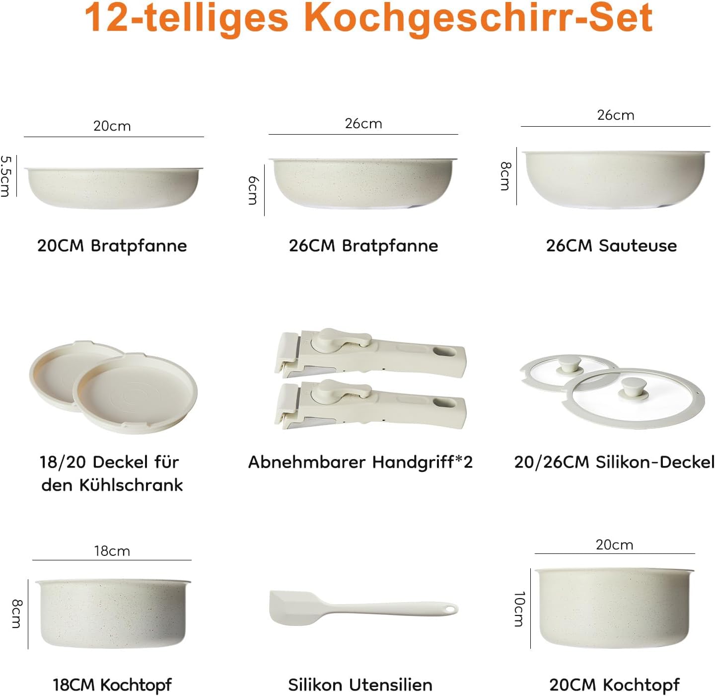 12 Pcs Pots and Pans Set, Nonstick Kitchen Cookware Set, Induction Cooking Sets Detachable Handle, Beige