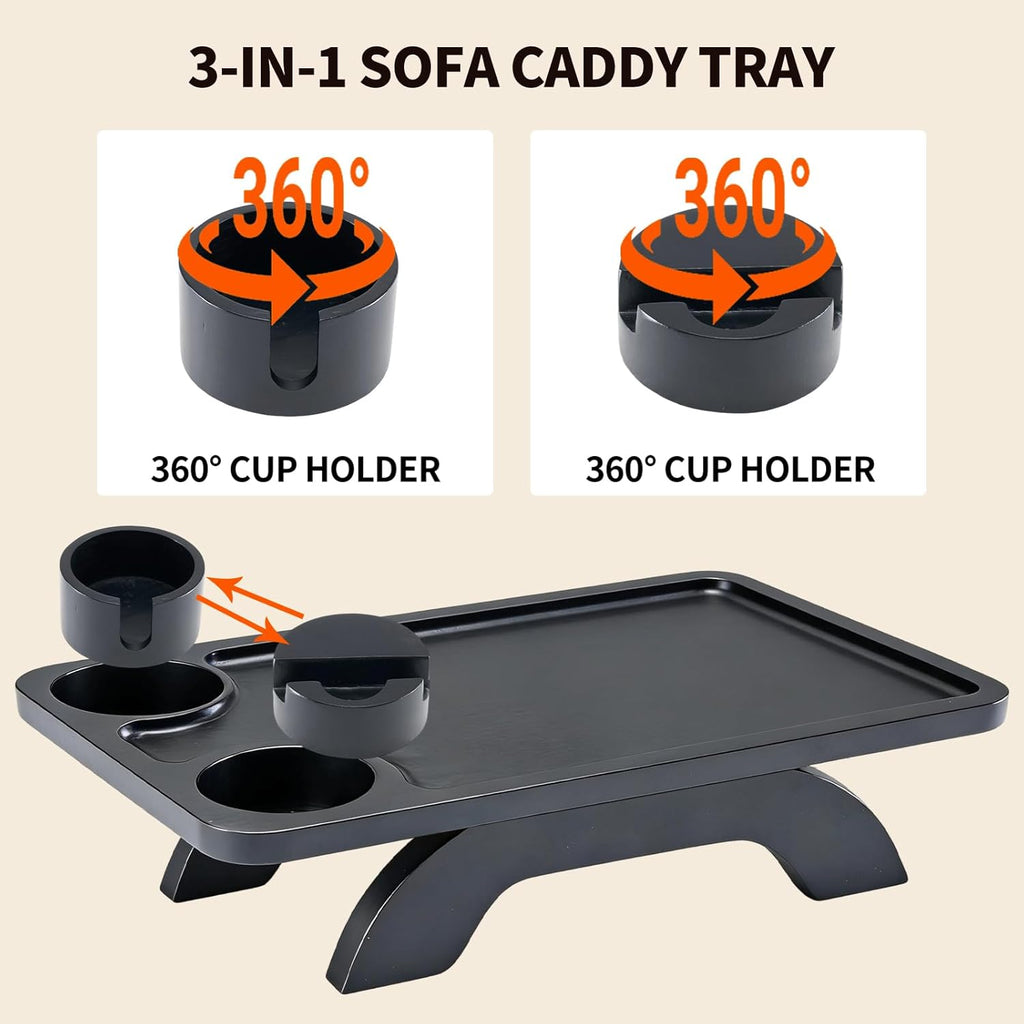 Couch Arm Tray, 3 in 1 Clip on Sofa Arm Tray with 360?? Rotating Phone Holder, Foldable Couch Armrest Table for Drinks & Snacks, Black