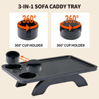 Couch Arm Tray, 3 in 1 Clip on Sofa Arm Tray with 360?? Rotating Phone Holder, Foldable Couch Armrest Table for Drinks & Snacks, Black