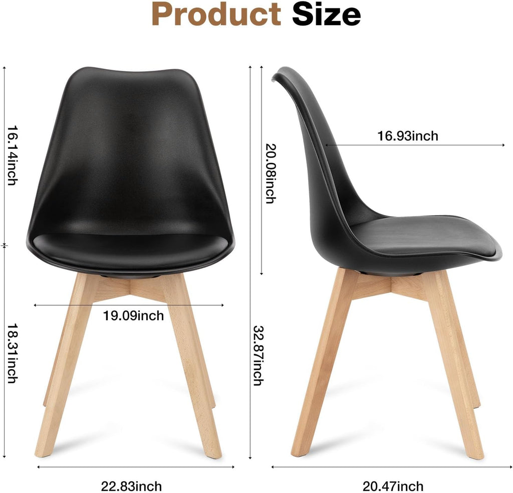 Modern Dining Chairs Set of 4, PU Leather Upholstered Kitchen Chairs with Wood Legs, Mid Century Accent Chairs for Living Room, Bedroom, Outdoor Lounge, Black