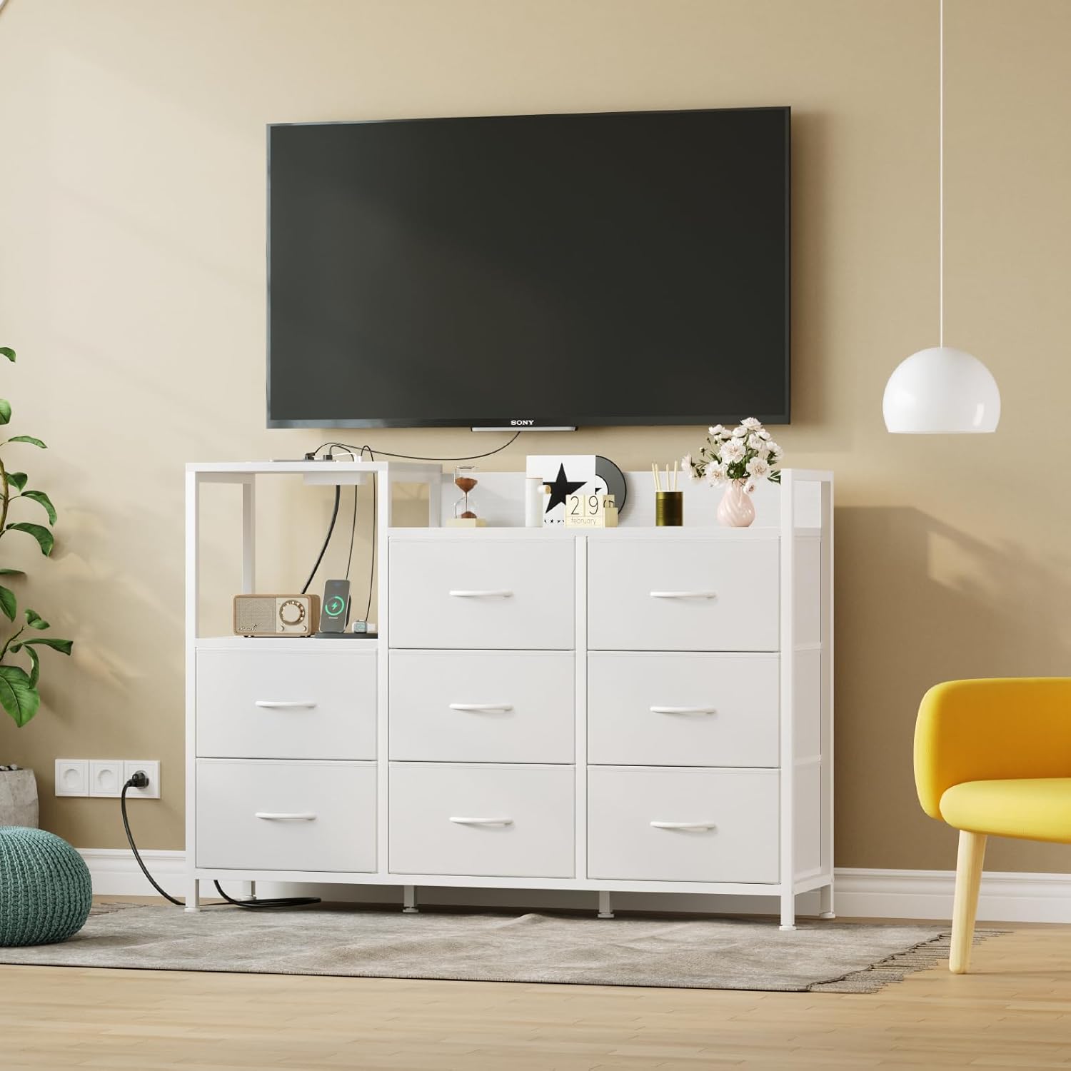 TV Stand Dresser with 8 Fabric Drawers & Open Shelves, TV Stand for Up to 45 inch TV with Wooden Top, Entertainment Center with Charging Station for Living Room, Hallway, White