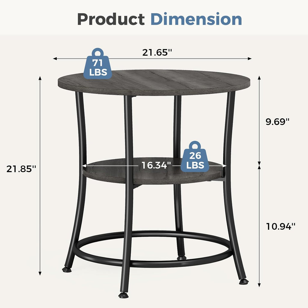 Side Round Table for Living Room, 2-Tier Accent End Table with Storage Shelf,Sturdy Metal Frame Nightstand for Small Space, Round Bedside, Grey Wood Grain