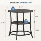 Side Round Table for Living Room, 2-Tier Accent End Table with Storage Shelf,Sturdy Metal Frame Nightstand for Small Space, Round Bedside, Grey Wood Grain