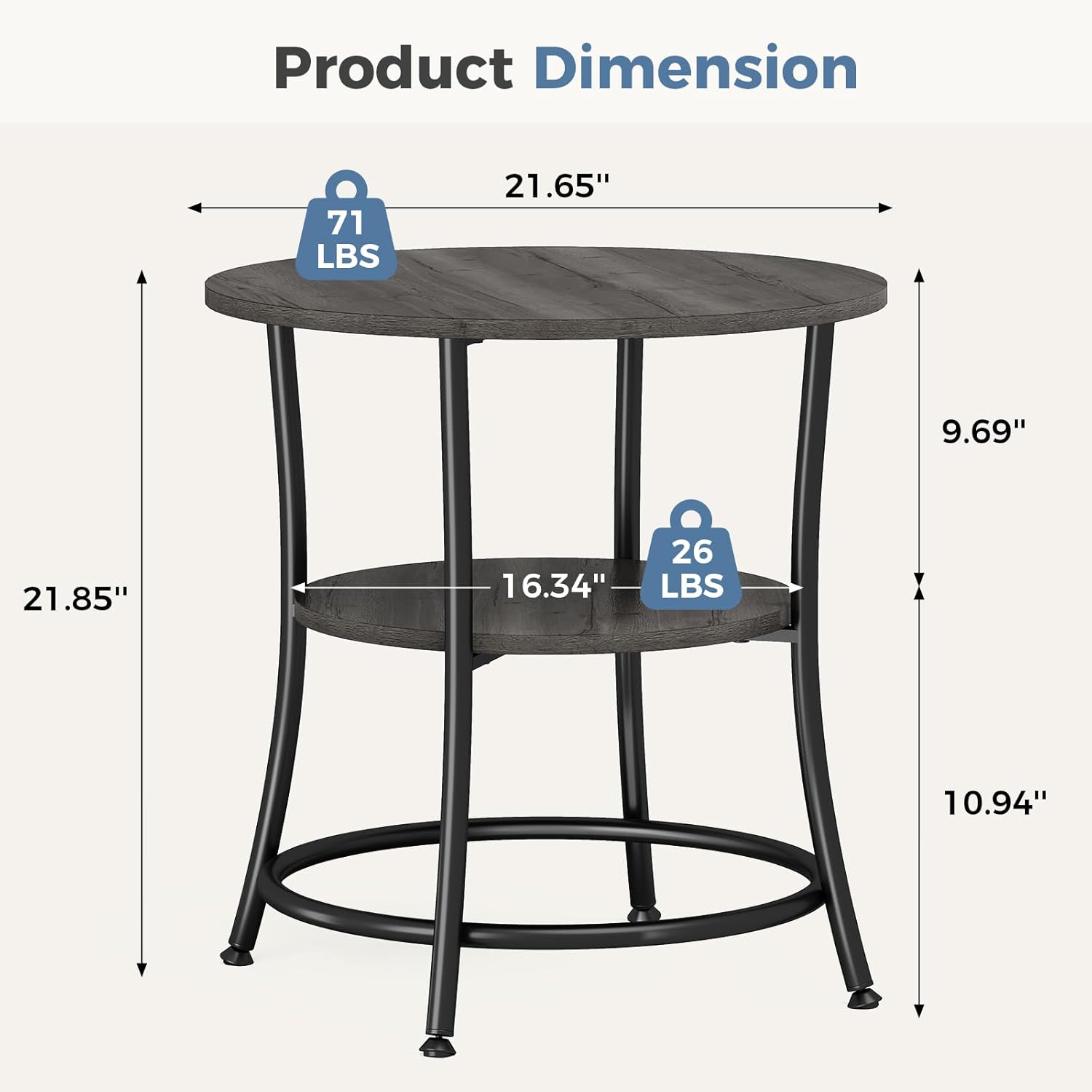 Side Round Table for Living Room, 2-Tier Accent End Table with Storage Shelf,Sturdy Metal Frame Nightstand for Small Space, Round Bedside, Grey Wood Grain