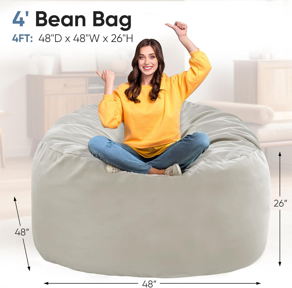 4FT Bean Bag Chair Beanbag for Adults and Kids Oversized Lazy Sofa Living Room Furniture with Removable Washable Cover Giant Comfy Gaming Chair Round Couch for Bedroom Dorm, Grey