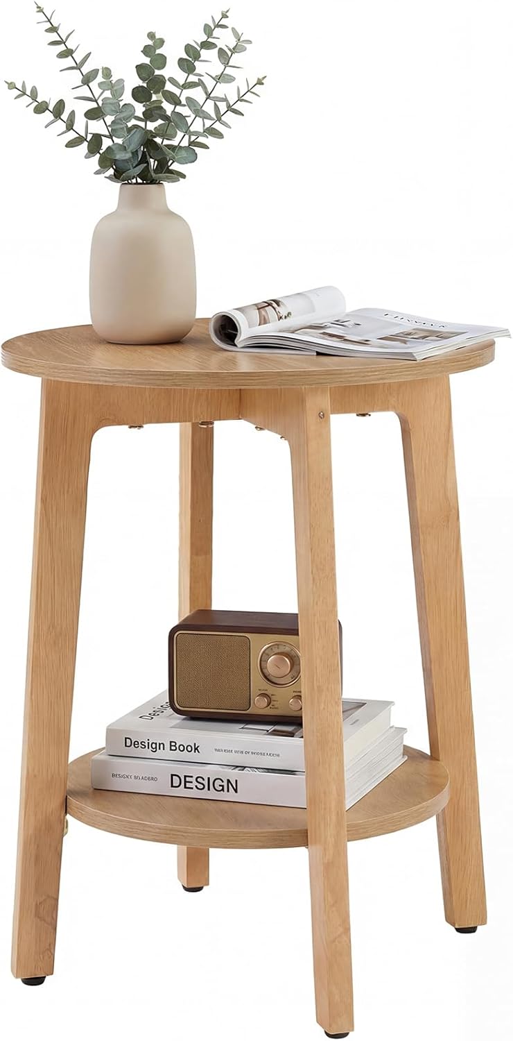 Small Round Side Table for Living Room, 2-Tier Wood End Table with Storage Shelf, 220 Lbs, Sturdy Bedside Nightstand with Non-Slip Pads, Easy Assembly, Grey