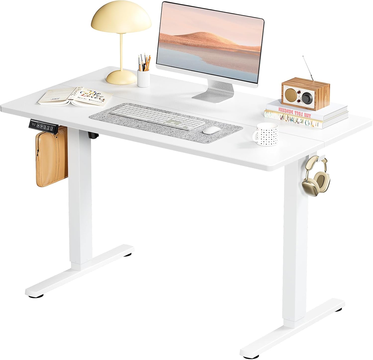 Electric Standing Desk Adjustable Height, 40x24 Inch Sit Stand Up Home Office Desks Memory Computer Workstation PC Work Table with Preset Splice Wood Board Metal Frame, Oak