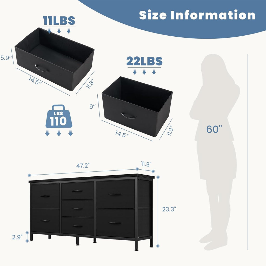 TV Stand 7 Drawer Dresser for Bedroom with Storage TV Stands for Living Room Black, Farmhouse Entertainment Center Media Console Table with Metal Frame Adjustable Feet
