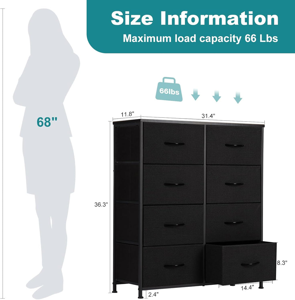 8 Drawer Dresser for Bedroom, Wide Fabric Storage Tower with Wooden Top and Metal Frame, Closet Chest Organizer Furniture, Living Room Hallway, Black