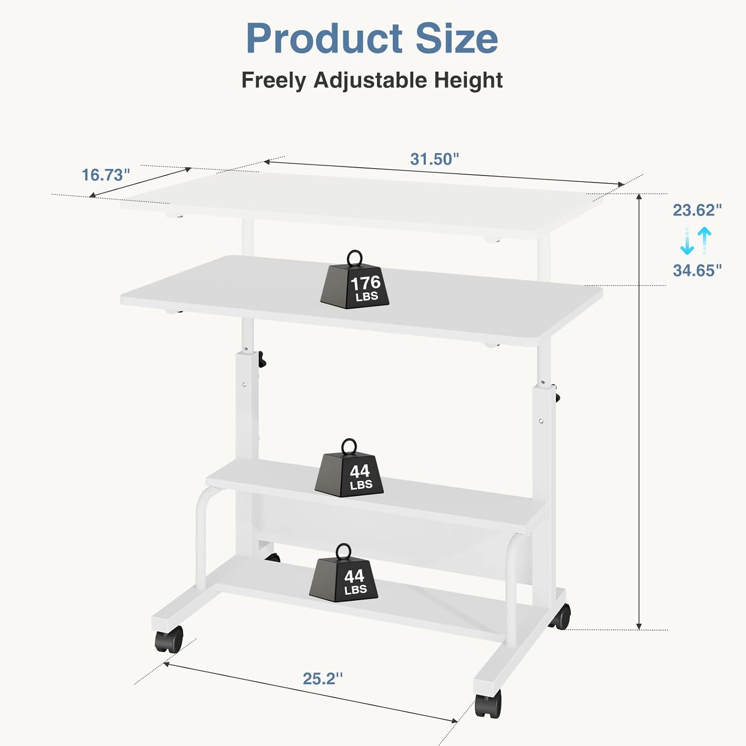 31.5 Manual Standing Desk, Height Adjustable Mobile Computer Desk with Lockable Wheels & 2-Tier Storage, Rolling Laptop Table for Small Spaces & Home Office, White