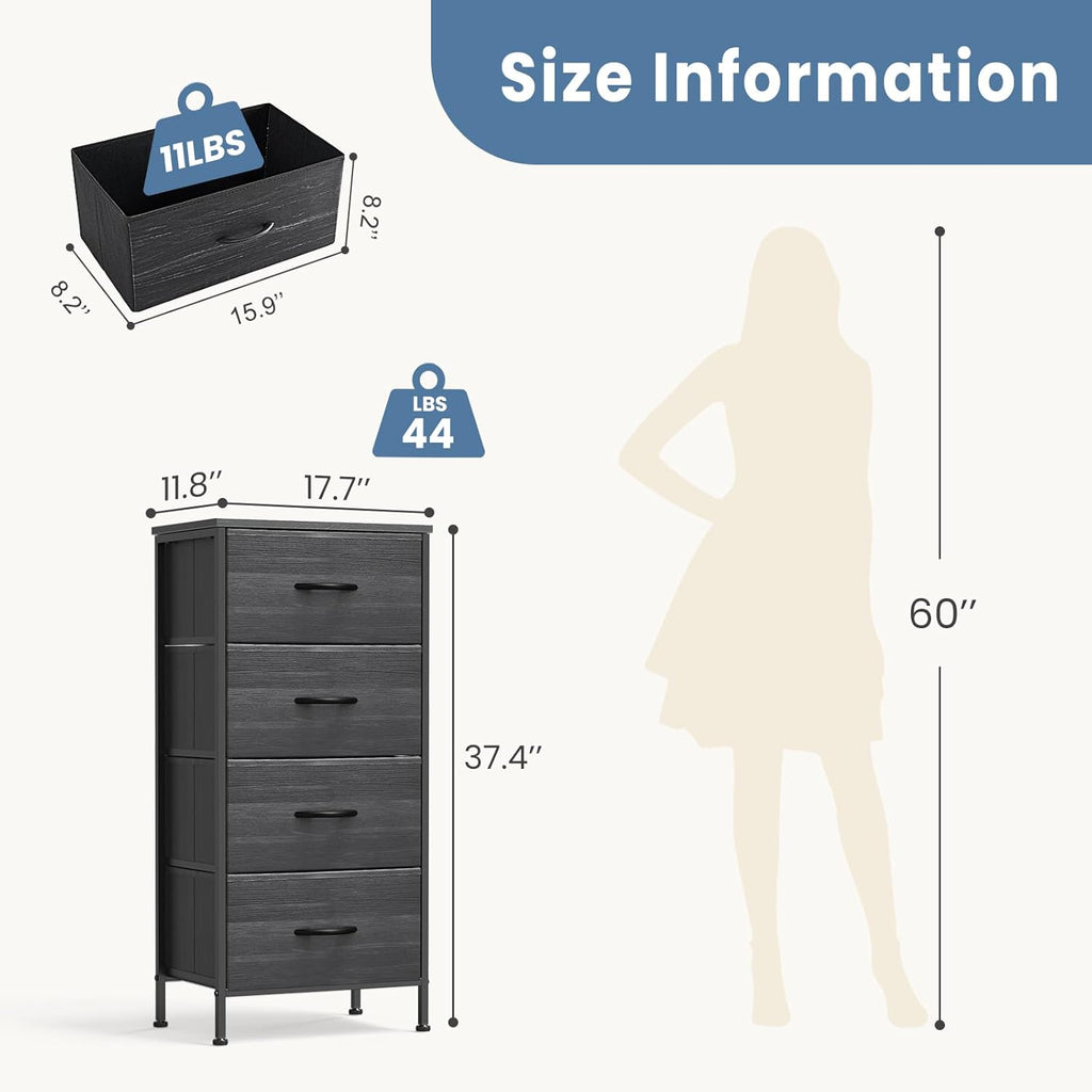 Nightstand with 4 Drawers Bedside Table with Removable Fabric Bins Sturdy Steel Frame Wood Top Organizer Furniture for Bedroom Closet Living Room,Black Wood Grain