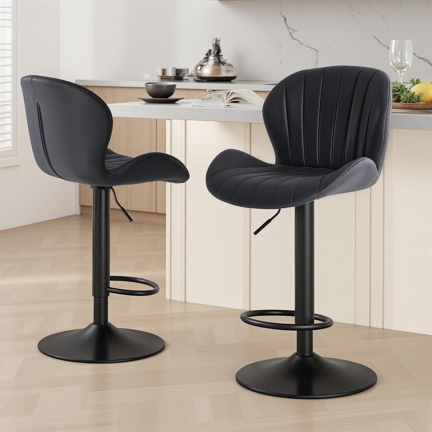 Modern Bar Stools Set of 4, Adjustable Faux Leather Upholstered Swivel Bar Stools, Counter Height Bar Chairs with Back for Kitchen Island, Grey