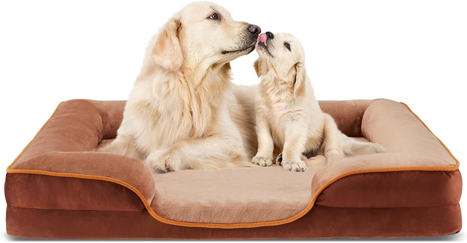 35x25 Inch Orthopedic Dog Beds for Large Sized Dogs, Machine Washable Cover Pet Bed, Anti-Slip Waterproof Memory Foam Couch Bed for Indoor Dogs and Cats, Brown