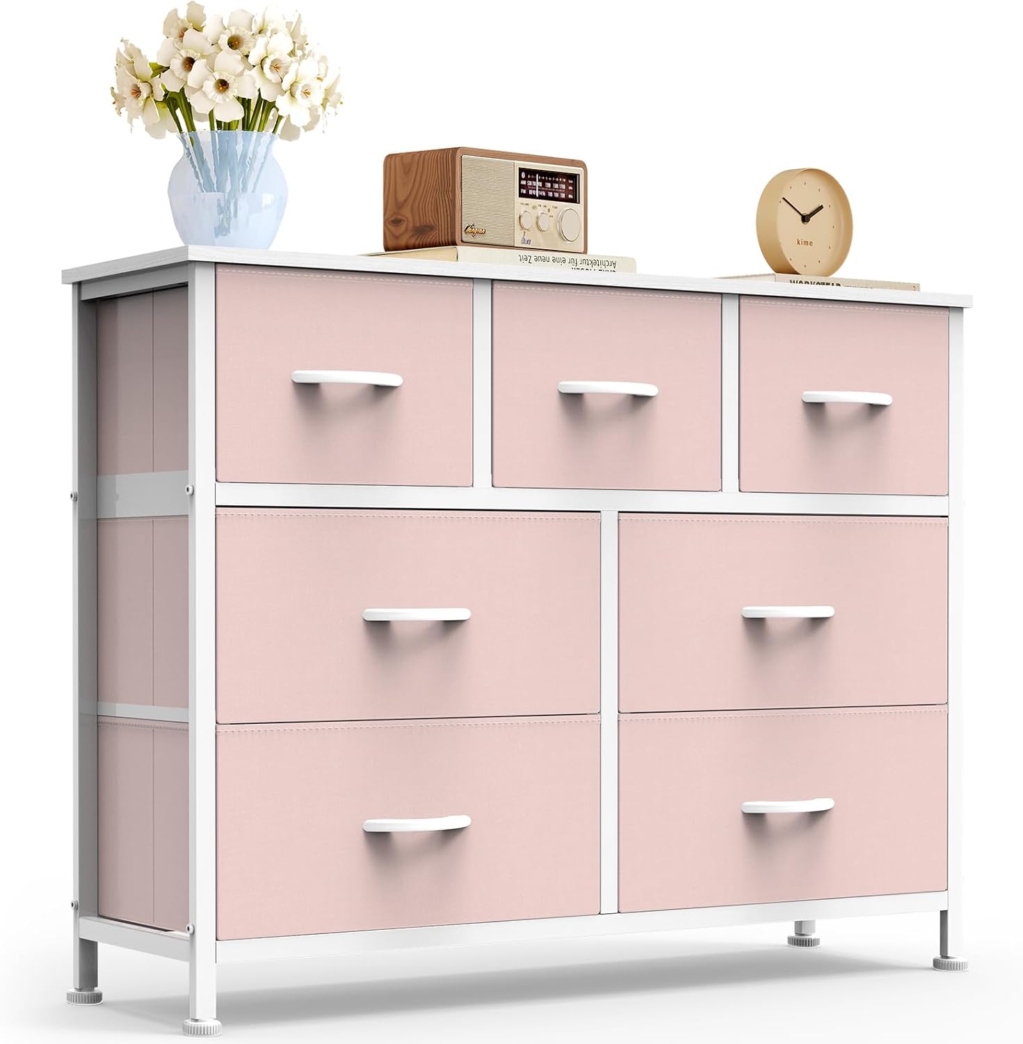TV Stand Dresser with 7 Fabric Storage Drawers, Media Console Featuring Open Shelf for 45 inch TV, Compact Entertainment Unit for Bedroom, Living Space, or Dorm Organization, Pink
