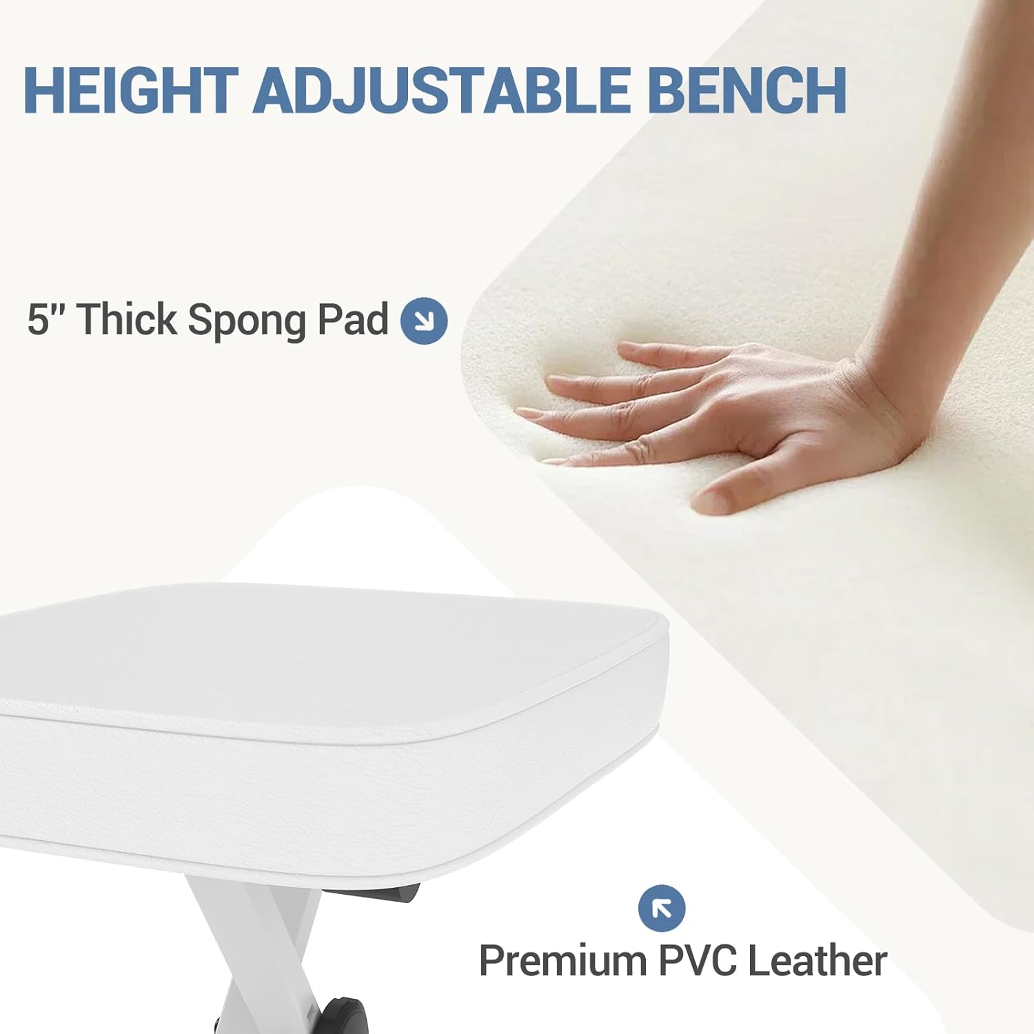 Adjustable Padded Keyboard Bench, X-Style Collapsible Piano Guitar Stool with 2.56 Inch Thickness High-Density Sponge and 3-Position Height, Waterproof Non-Skid Design, White