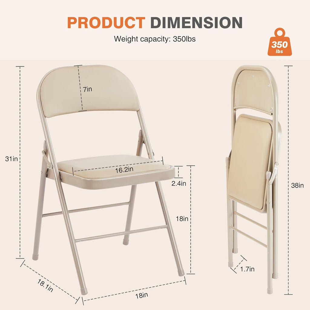 Folding Chair 4 Pack, Leather Padded Foldable Chairs, Sturdy Metal Portable Chairs, Easy to Use and Store, Outdoor and Indoor, for Home, Office, Party, Garden, Kahki