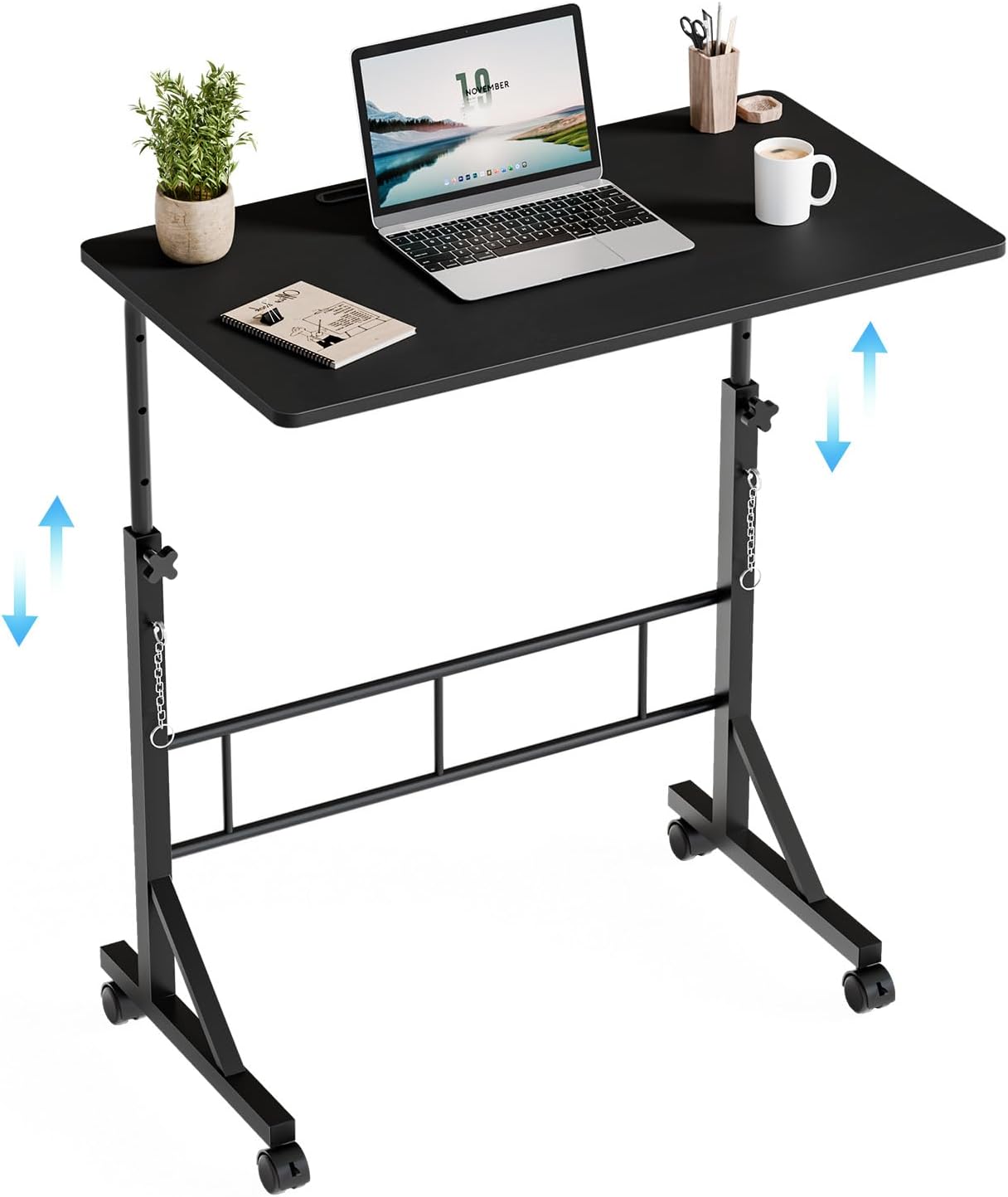 31.5 Manual Standing Desk, Height Adjustable Mobile Computer Desk with Lockable Wheels & 2-Tier Storage, Rolling Laptop Table for Small Spaces & Home Office, Black